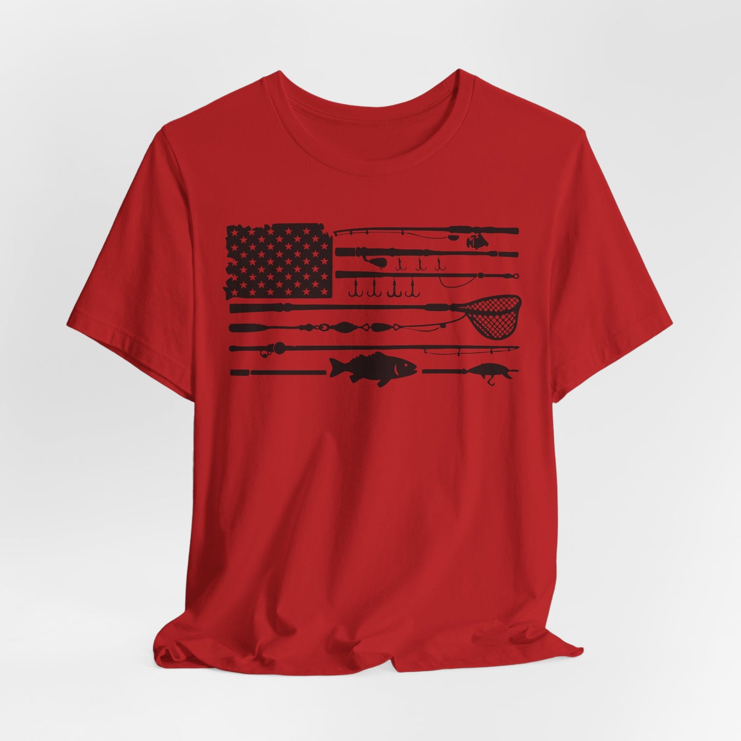 Fishing Gear American Flag T‑Shirt — Angler Rods & Lures Patriotic Tee