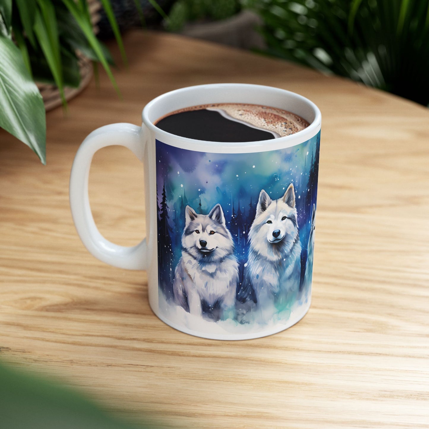 Wolf Pack Ceramic Mug — Northern Lights Wolf Coffee Cup (11oz/15oz)