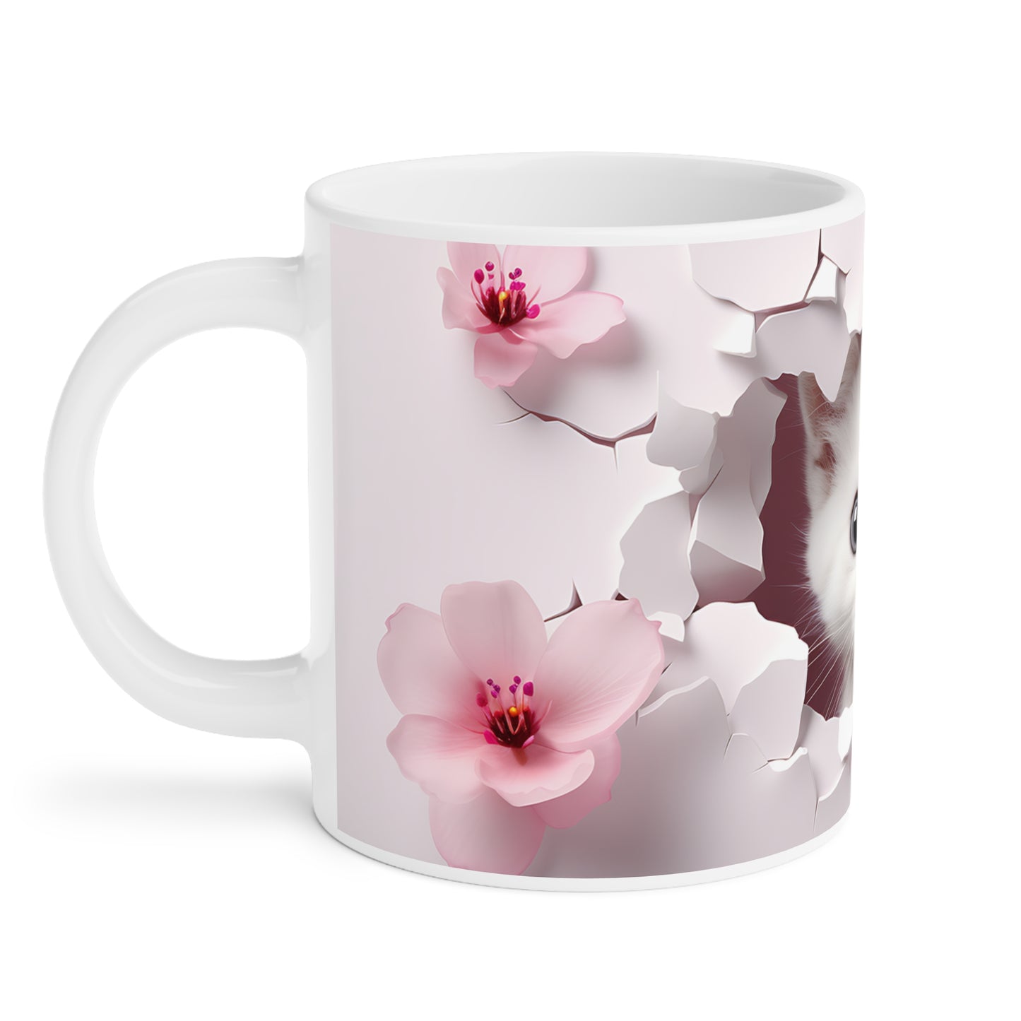 Cat Lover Coffee Cup- Cute Kitten Peeking Floral Ceramic Mug, Mauve (11/15/20oz)