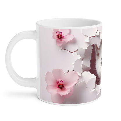 Cat Lover Coffee Cup- Cute Kitten Peeking Floral Ceramic Mug, Mauve (11/15/20oz)
