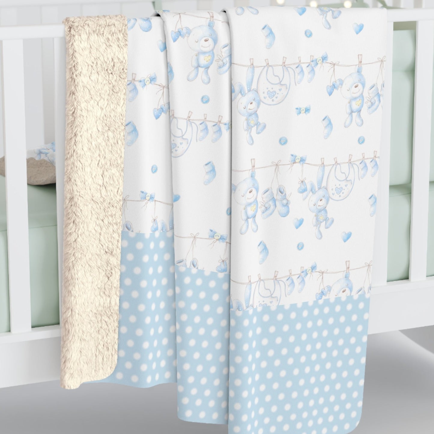 Child's Blanket Bears and Bunny Rabbits, Blue, Polka Dot Trim