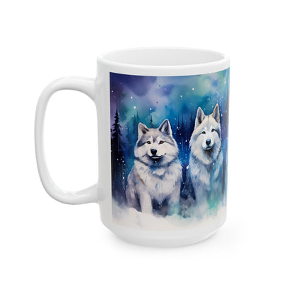 Wolf Pack Ceramic Mug — Northern Lights Wolf Coffee Cup (11oz/15oz)