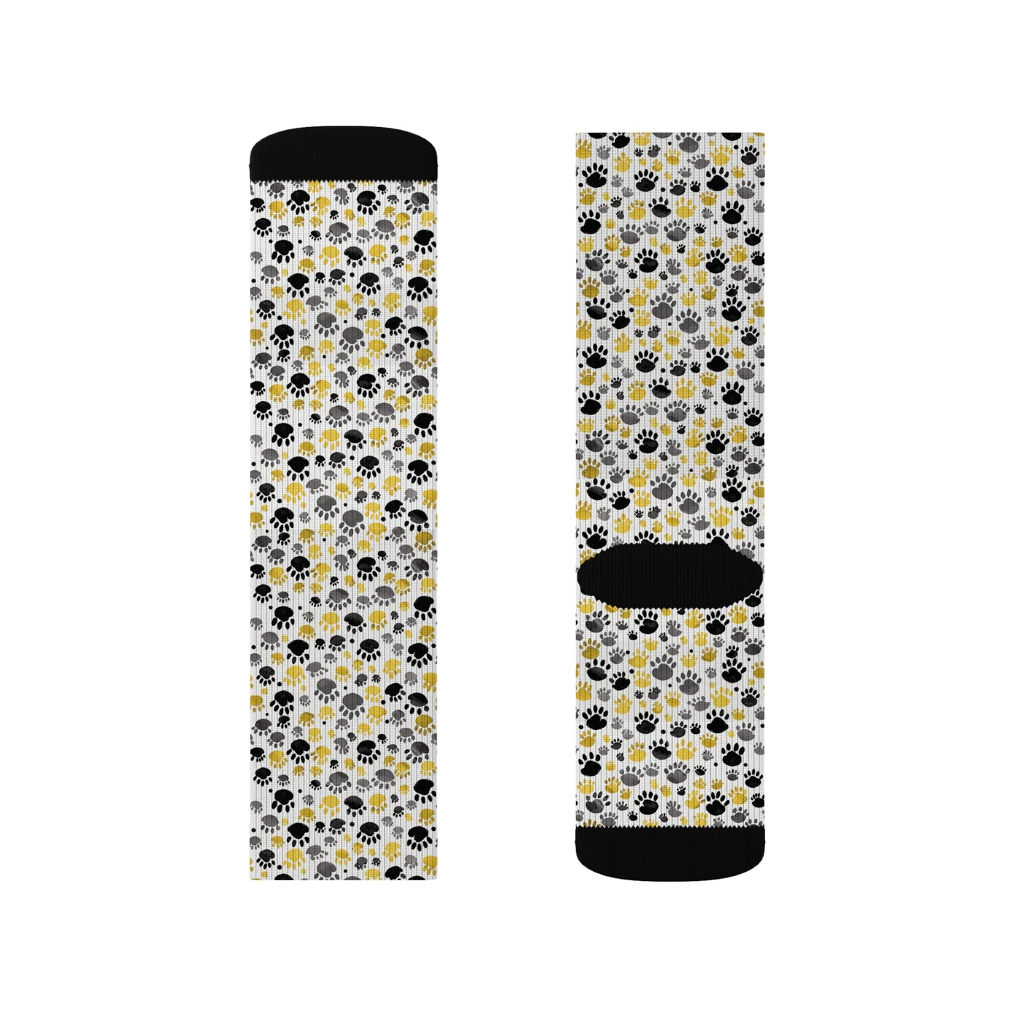 Paw Print Socks, Cute Stylish Animal Print Socks, White Backing with Black, Yellow, Gray Paw Print Pattern, 3 Sizes Available