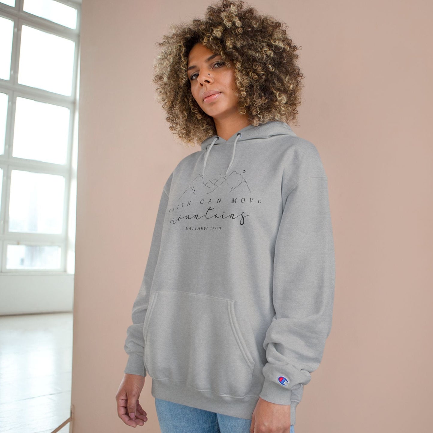 Faith Can Move Mountains Champion Pullover Hoodie -Printify