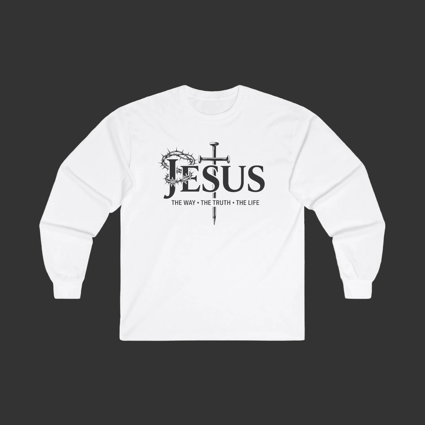 White sweatshirt with 'Jesus' and cross design on a white background