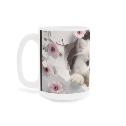 Cute White Kitten Ceramic Mug, Pink & Brown — Floral Peek-A-Boo Coffee Cup (11/15/20oz)