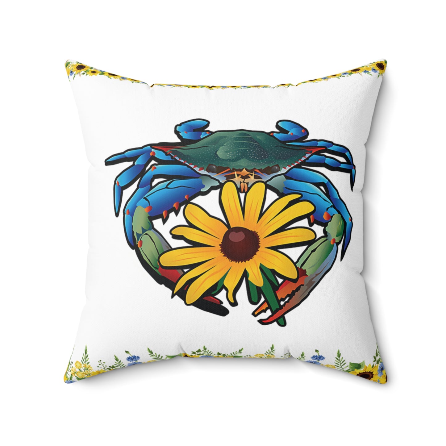 Blue Crab and Sunflowers Accent Pillow, Blue Crab Throw Pillow, Coastal Accent Decor