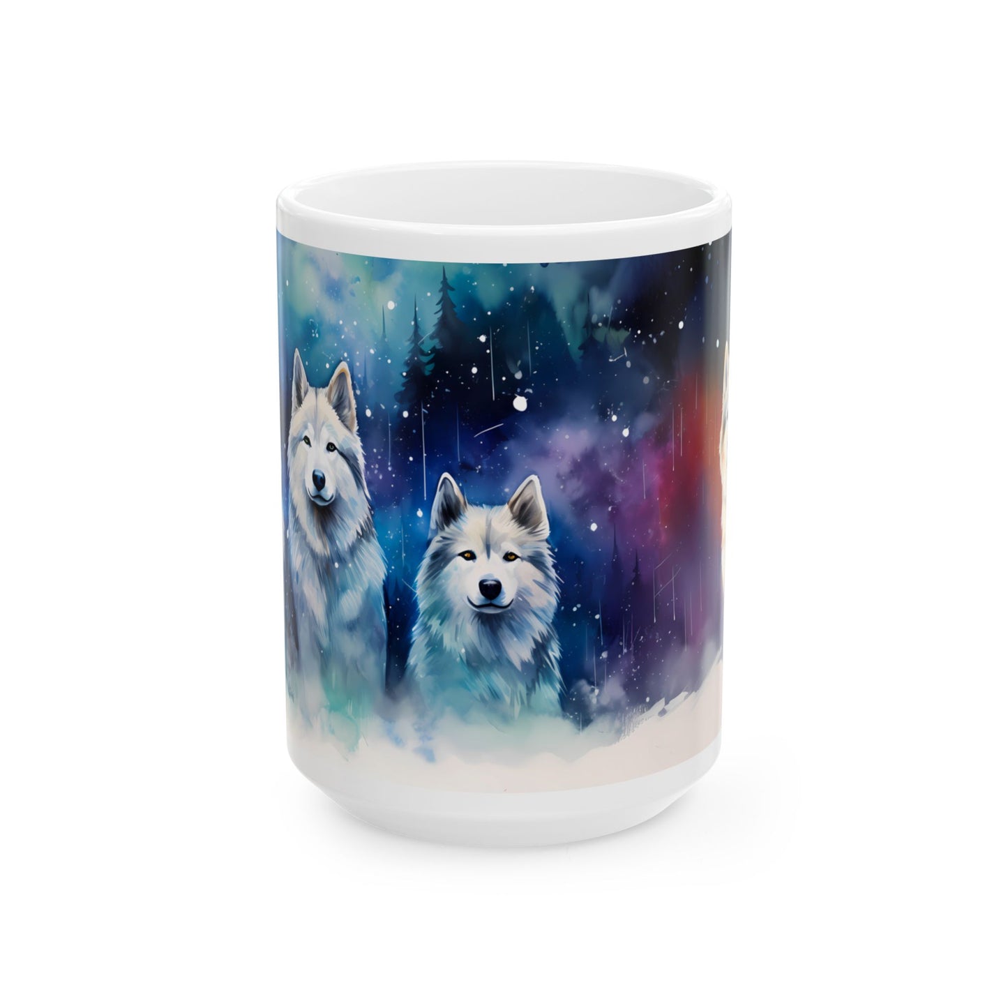 Wolf Pack Ceramic Mug — Northern Lights Wolf Coffee Cup (11oz/15oz)