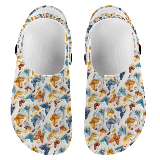 Women's Butterfly Clogs, Girls Butterfly Slip On Shoes, Blues and Golds