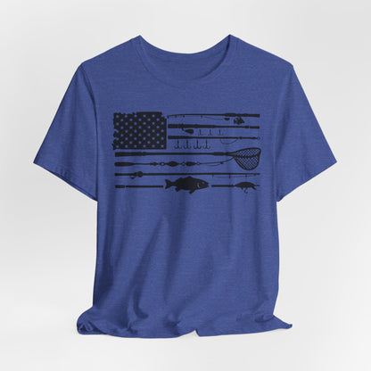 Fishing Gear American Flag T‑Shirt — Angler Rods & Lures Patriotic Tee