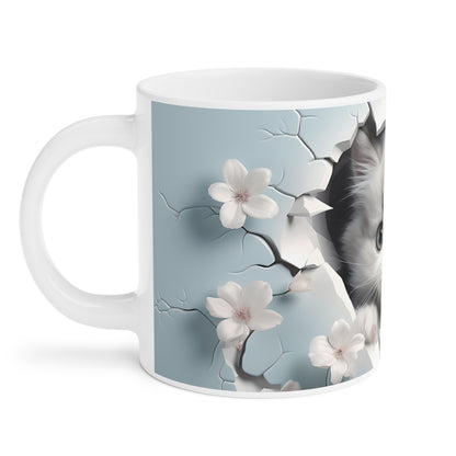 Cat Coffee Cup - Kitten & Cherry Blossom Ceramic Mug, Baby Blue (11/15/20oz)