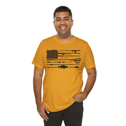 Fishing Gear American Flag T‑Shirt — Angler Rods & Lures Patriotic Tee