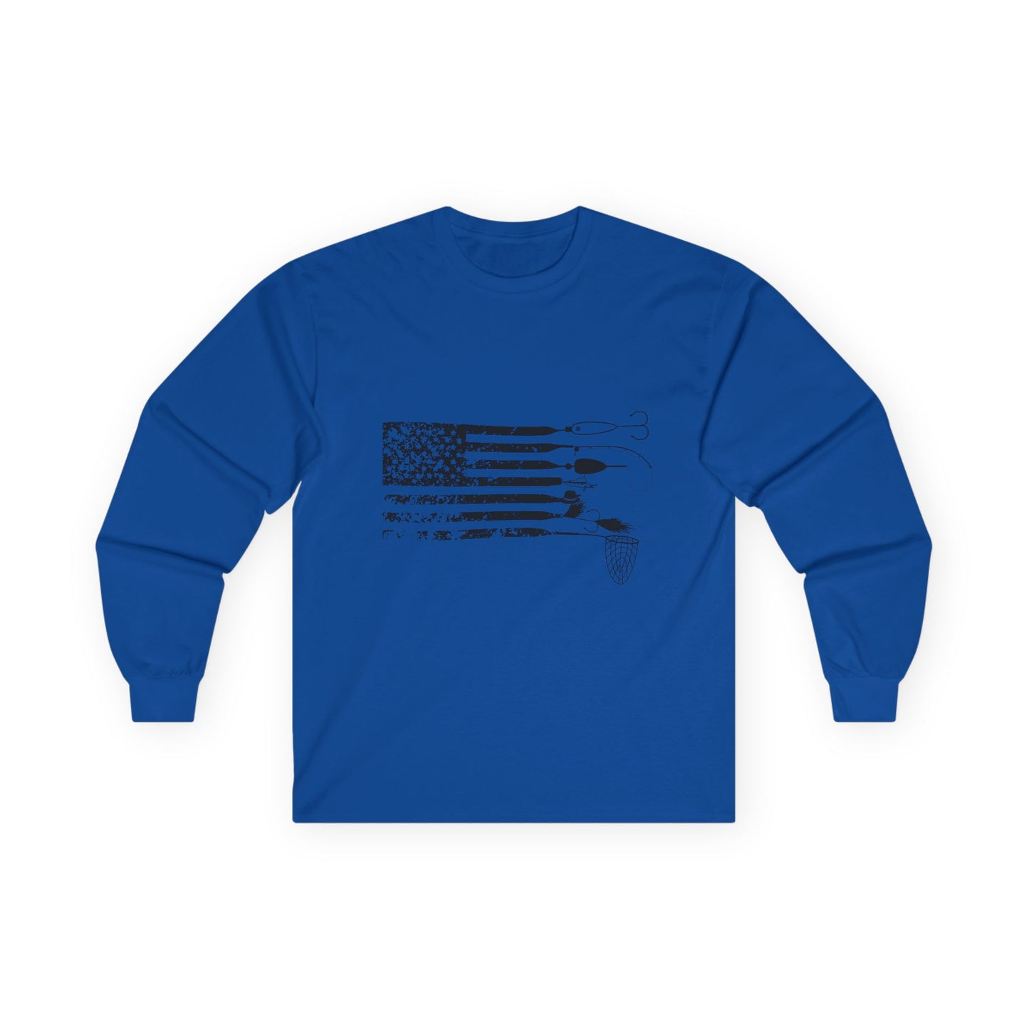 Angler American Flag — Distressed USA Lure Flag, Gildan Long Sleeve Tee