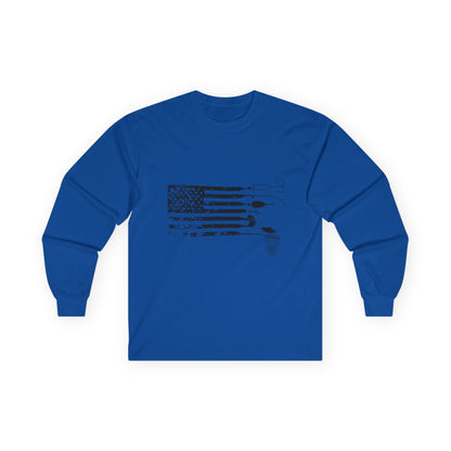 Angler American Flag — Distressed USA Lure Flag, Gildan Long Sleeve Tee