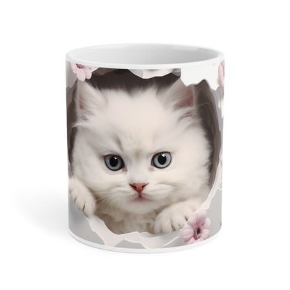 Cute White Kitten Ceramic Mug, Pink & Brown — Floral Peek-A-Boo Coffee Cup (11/15/20oz)