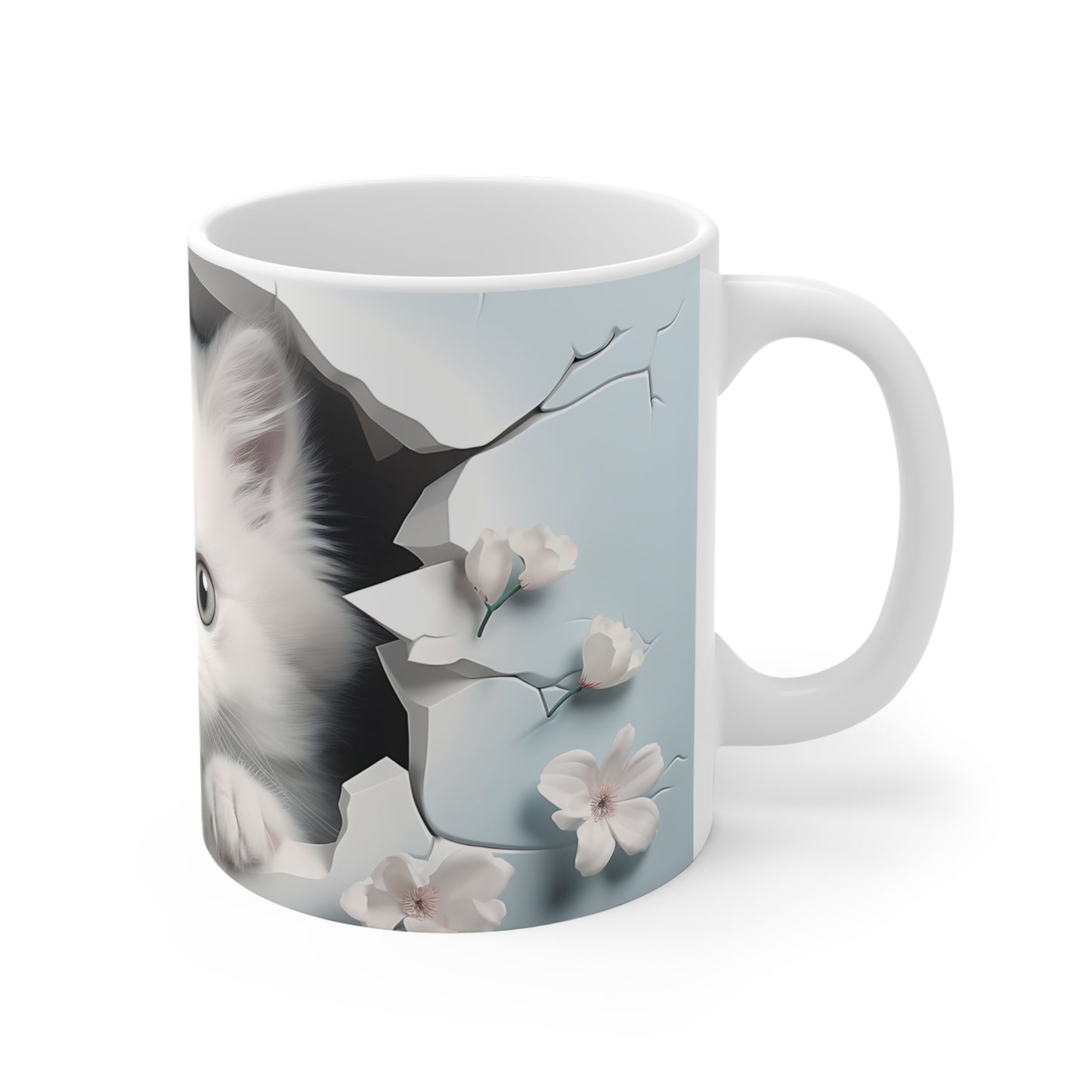 Cat Coffee Cup - Kitten & Cherry Blossom Ceramic Mug, Baby Blue (11/15/20oz)