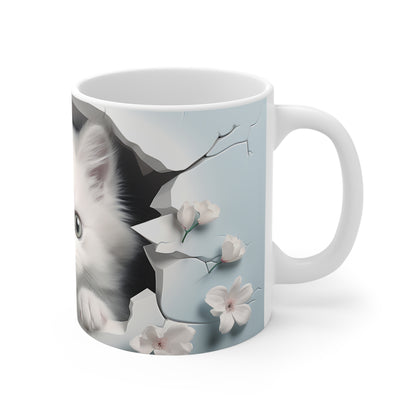 Cat Coffee Cup - Kitten & Cherry Blossom Ceramic Mug, Baby Blue (11/15/20oz)