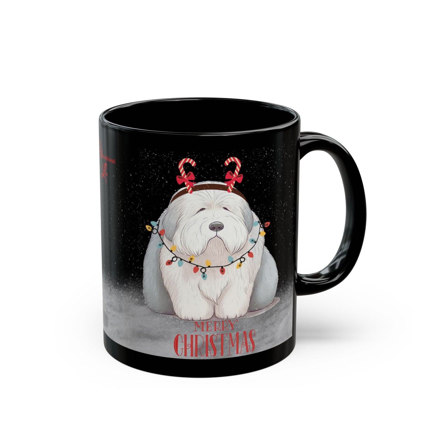 Unconditional Love, Old English Sheepdog Coffee Mug, Solid Black