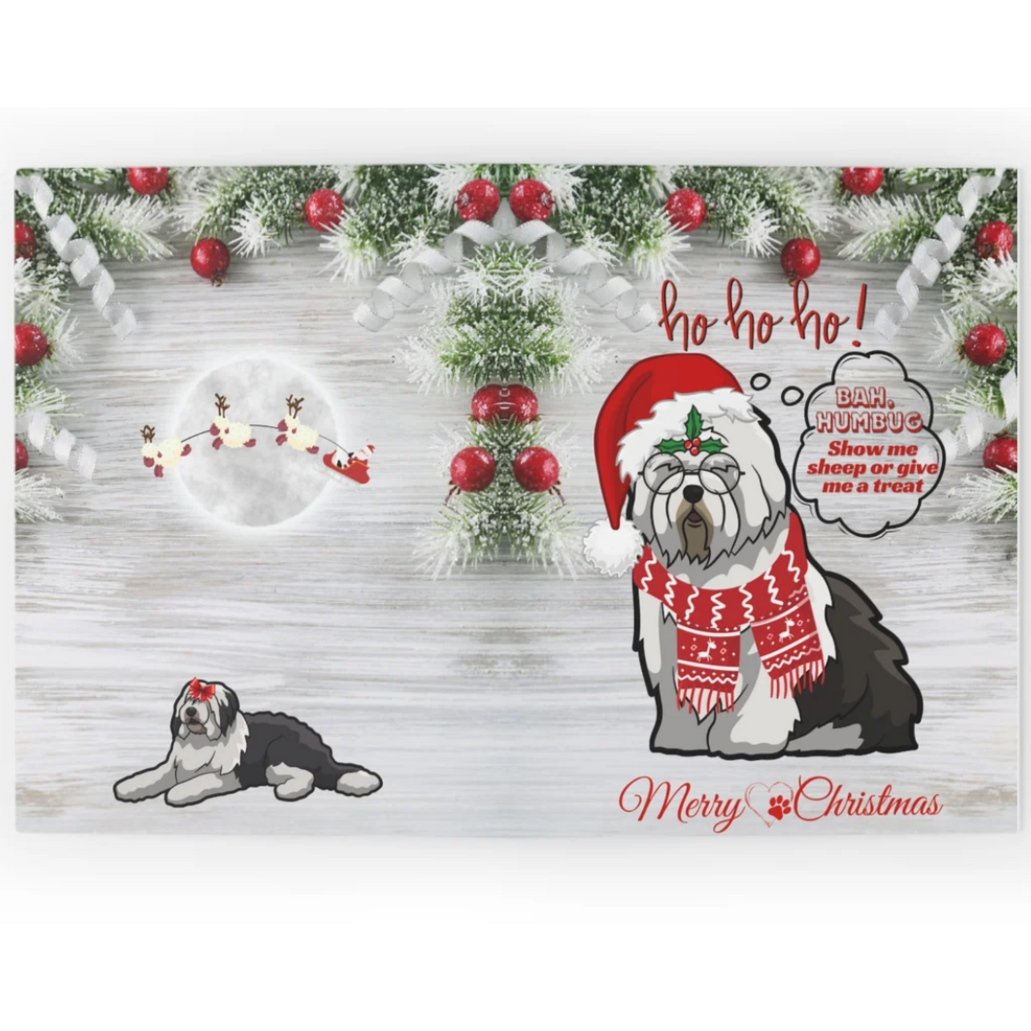 Sheepie Scrooge - Ho Ho Ho, 5x7" Old English Sheepdog Christmas Card Old English Sheepdog