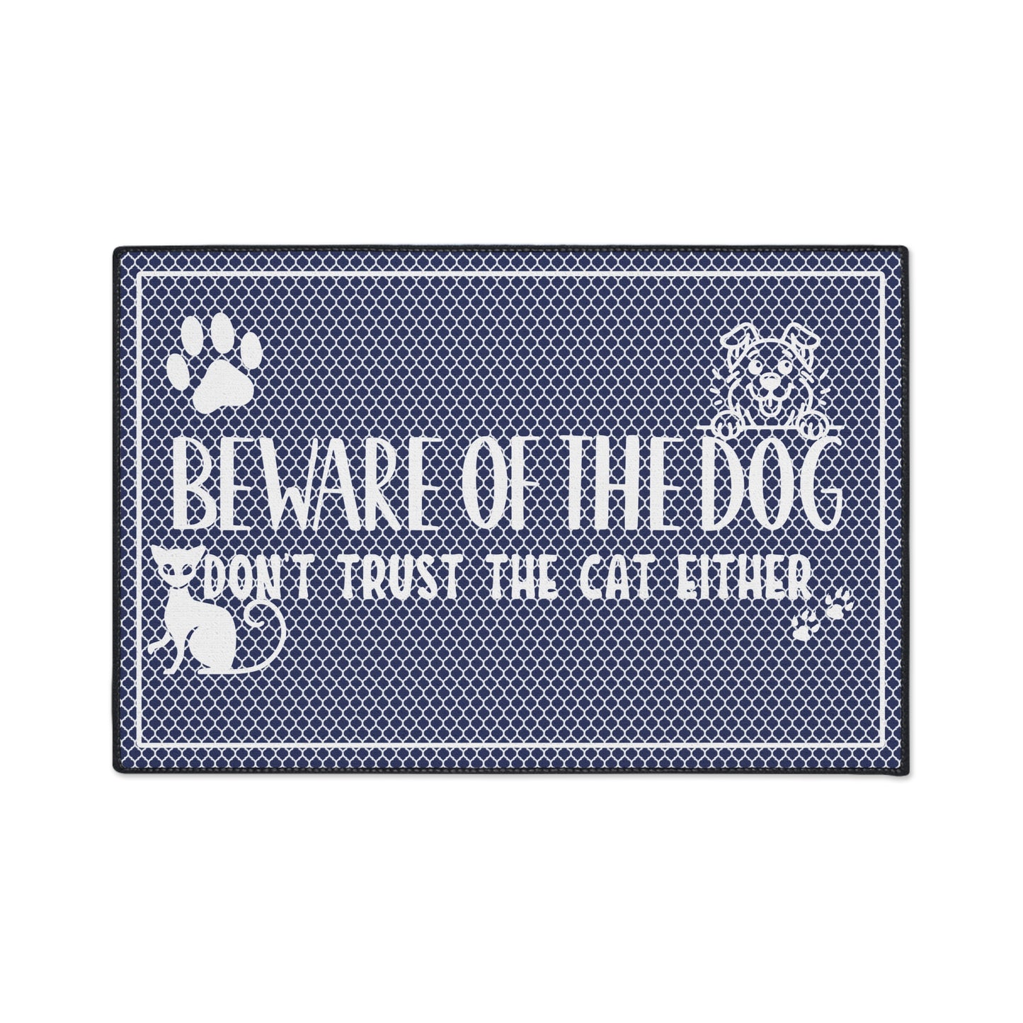 Welcoming Mat, Funny Quote 'Beware of Dog, Don't Trust the Cat Either' Navy Blue