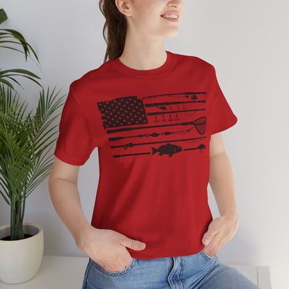 Fishing Gear American Flag T‑Shirt — Angler Rods & Lures Patriotic Tee