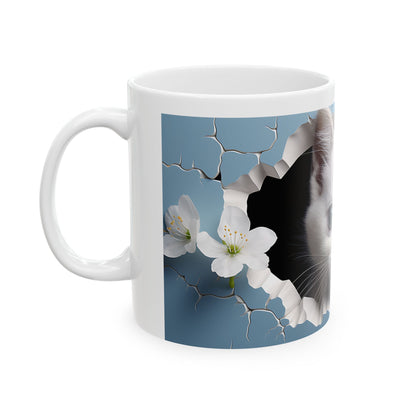 Cat Coffee Mug - Cute White Kitten Ceramic Mug, Blue, 11oz & 15oz