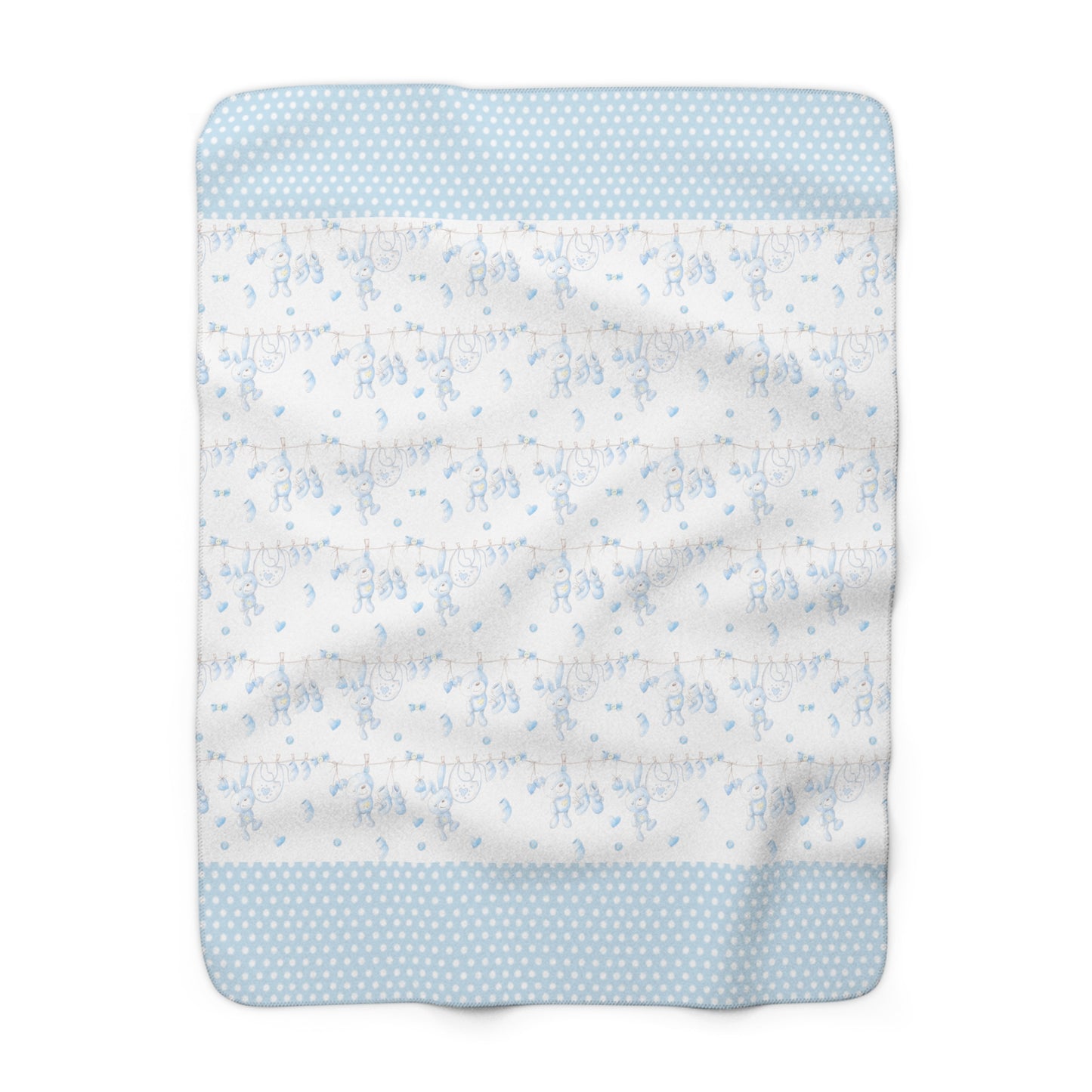 Child's Blanket Bears and Bunny Rabbits, Blue, Polka Dot Trim