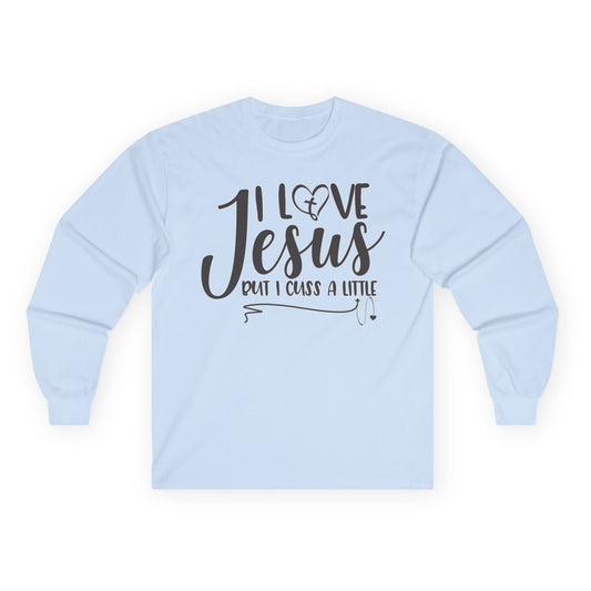 Light blue sweatshirt with 'I love Jesus but I crash a little' text on a white background