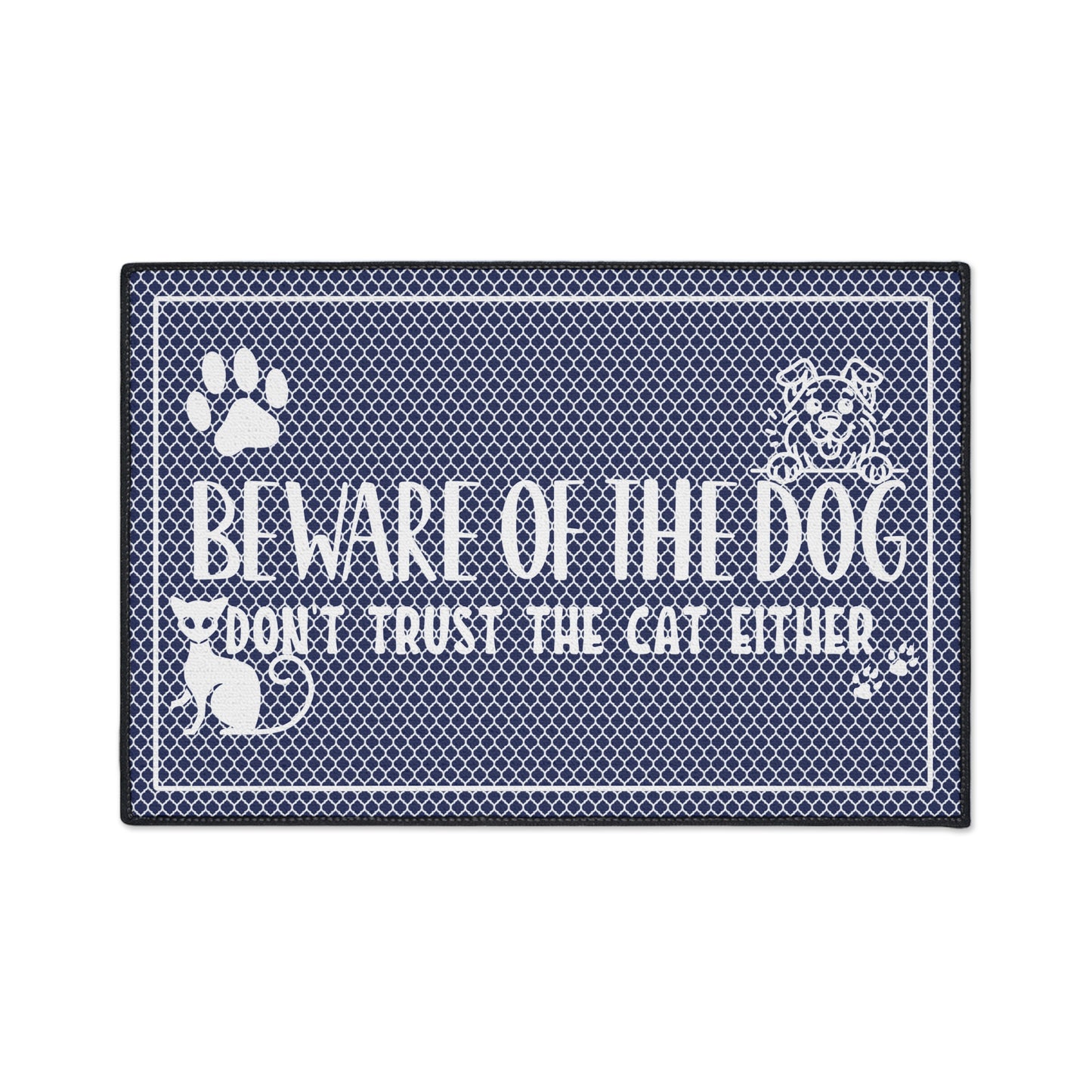 Welcoming Mat, Funny Quote 'Beware of Dog, Don't Trust the Cat Either' Navy Blue