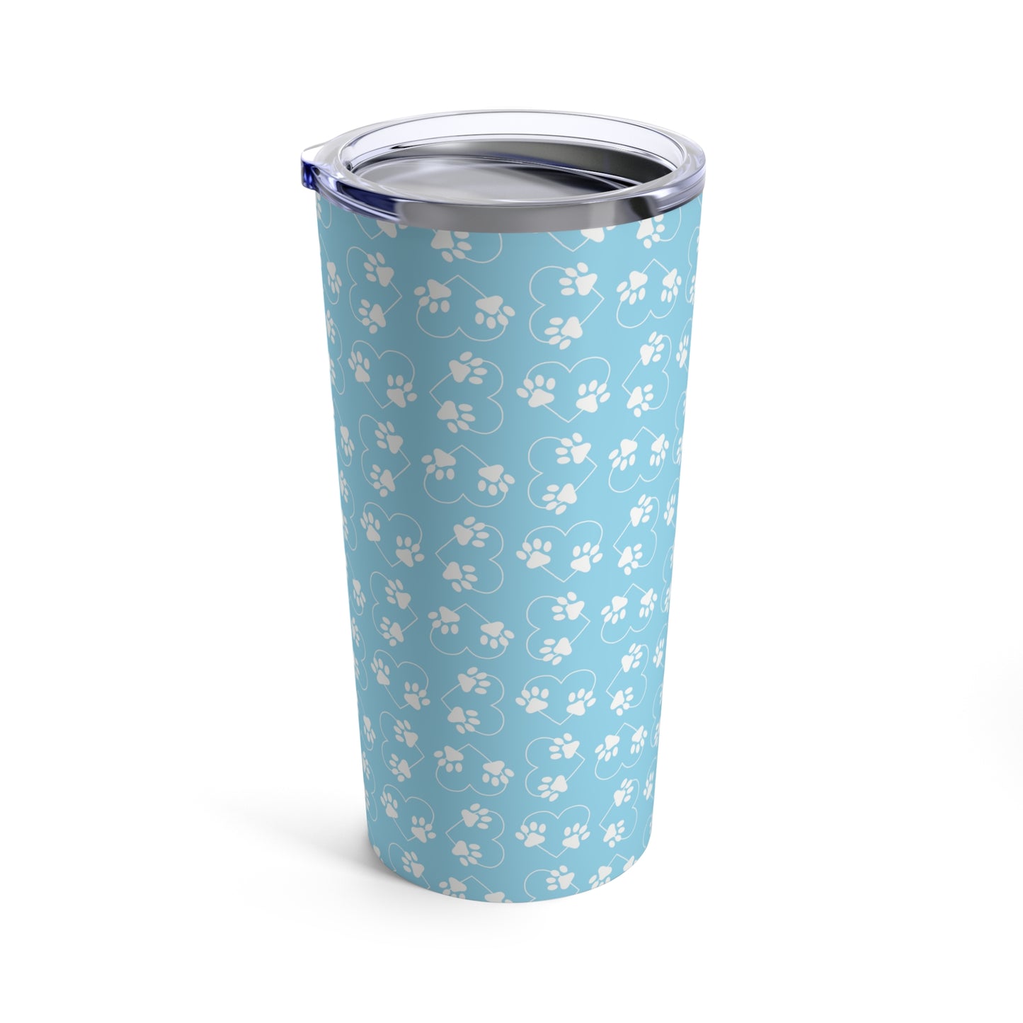 Pet Tumbler, Stainless Steel 20oz Tumbler, Paw Prints Hearts Baby Blue and White