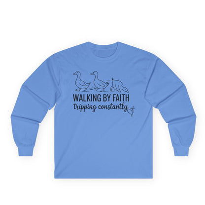 Blue long-sleeve shirt with text and graphics on a white background