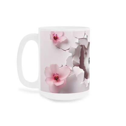 Cat Lover Coffee Cup- Cute Kitten Peeking Floral Ceramic Mug, Mauve (11/15/20oz)