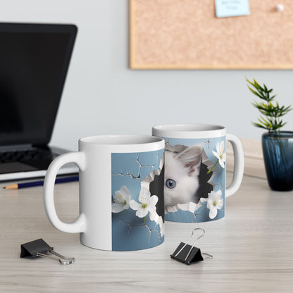 Cat Coffee Mug - Cute White Kitten Ceramic Mug, Blue, 11oz & 15oz