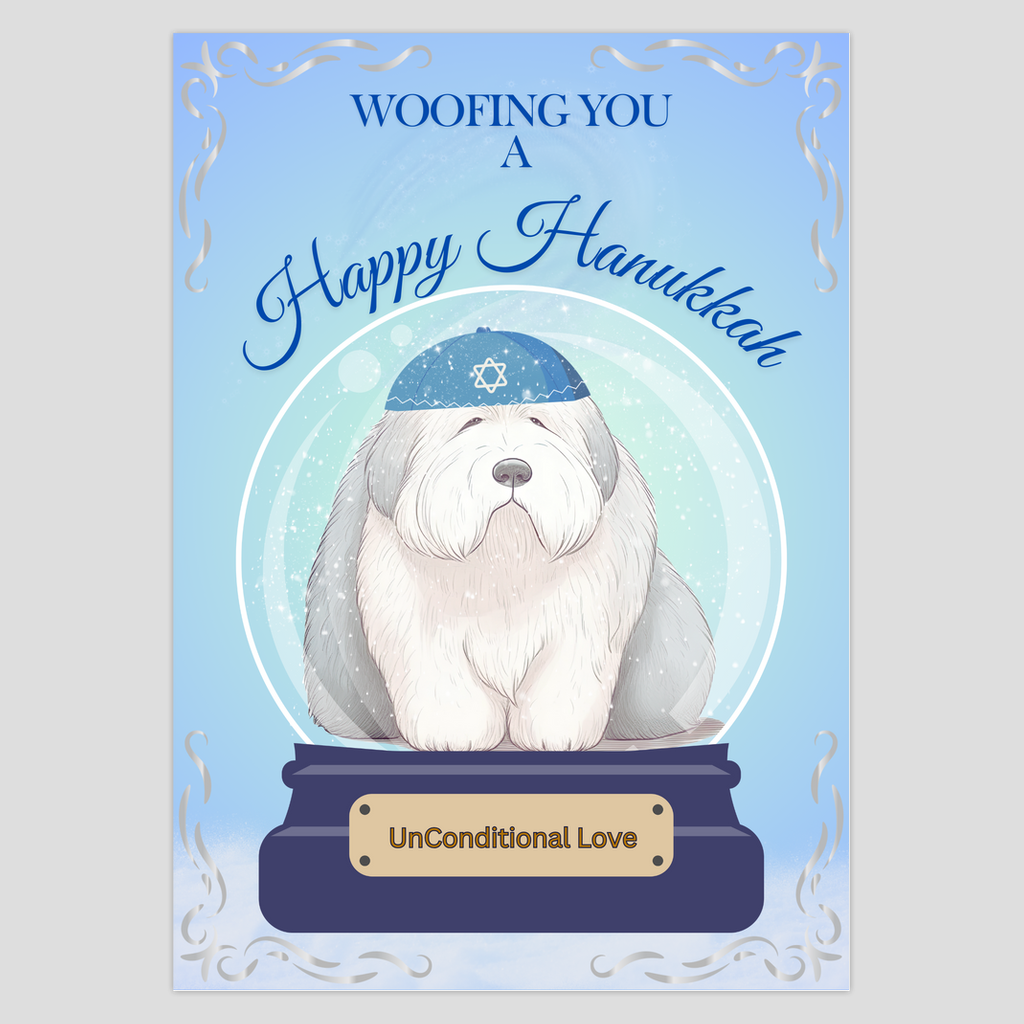 Woofing You a Happy Hanukkah 5x7" Greeting Card, Hanukkah, Old English Sheepdog