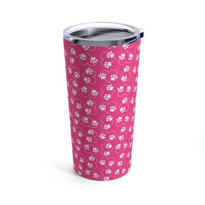 Pet Travel Tumbler, Paw Print Stainless Steel Tumbler, Pink Paw Prints, Hearts 20 oz Travel Tumbler