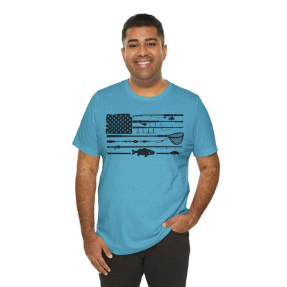 Fishing Gear American Flag T‑Shirt — Angler Rods & Lures Patriotic Tee