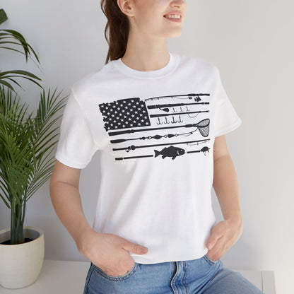 Fishing Gear American Flag T‑Shirt — Angler Rods & Lures Patriotic Tee