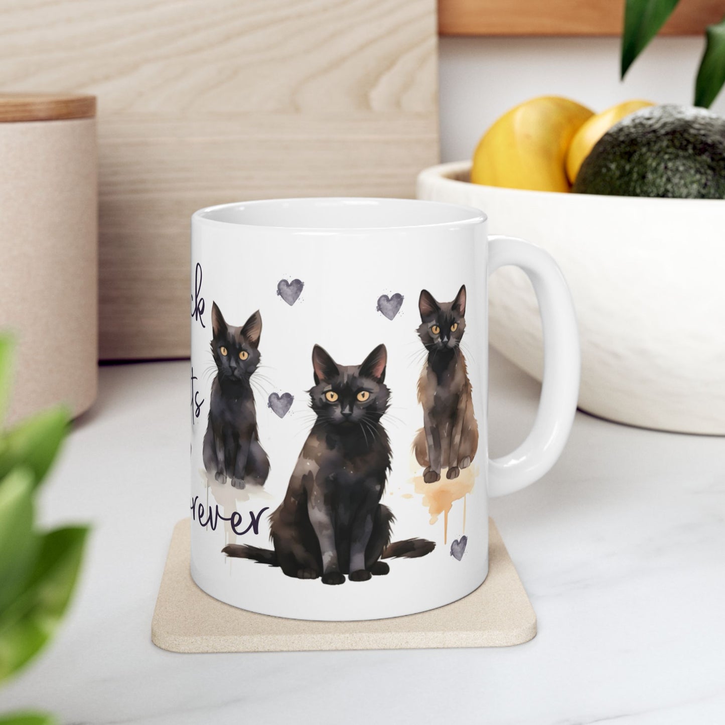Cat Lover Coffee Mug - Black Cats Forever Ceramic Coffee Cup, 11oz & 15oz
