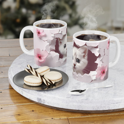Cat Lover Coffee Cup- Cute Kitten Peeking Floral Ceramic Mug, Mauve (11/15/20oz)