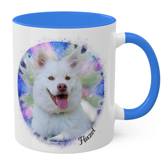 Custom Pet Coffee Mug, Blue Pink Tie Dye, Pet Photo and Name, 11oz