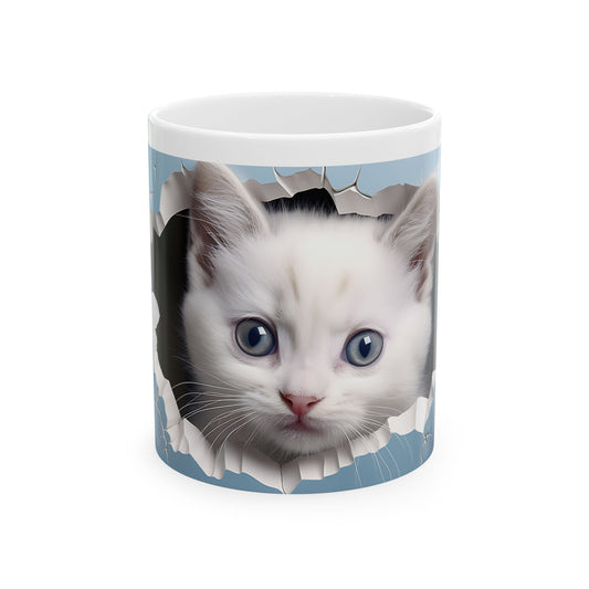 Cute White Kitten Ceramic Mug, Blue — 11oz & 15oz Cat Photo Coffee Cup