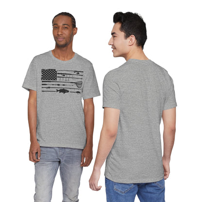 Fishing Gear American Flag T‑Shirt — Angler Rods & Lures Patriotic Tee