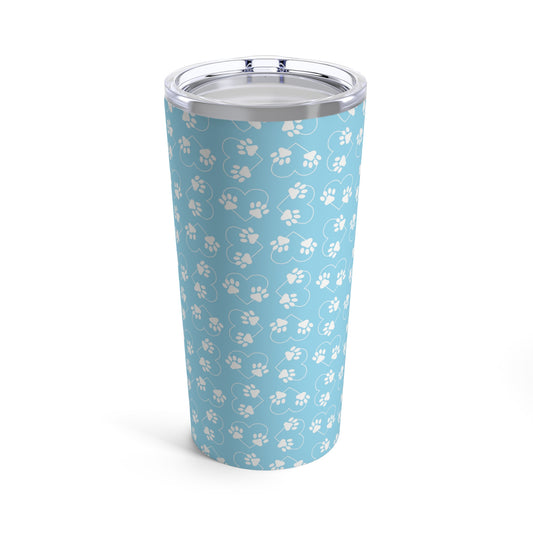 Pet Tumbler, Stainless Steel 20oz Tumbler, Paw Prints Hearts Baby Blue and White