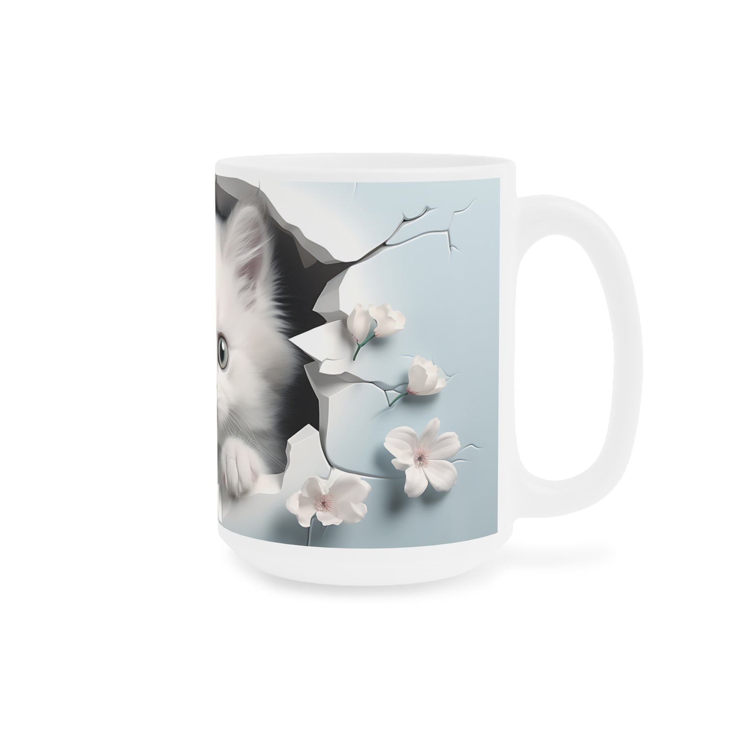Cat Coffee Cup - Kitten & Cherry Blossom Ceramic Mug, Baby Blue (11/15/20oz)
