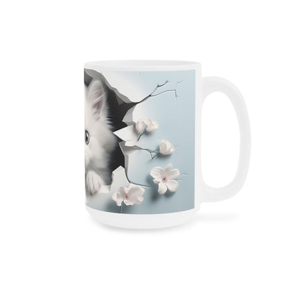 Cat Coffee Cup - Kitten & Cherry Blossom Ceramic Mug, Baby Blue (11/15/20oz)