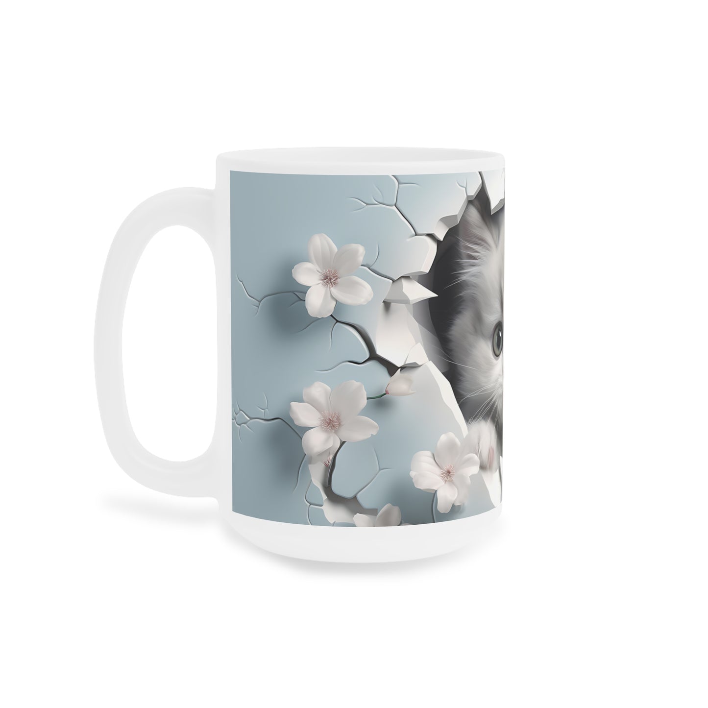 Cat Coffee Cup - Kitten & Cherry Blossom Ceramic Mug, Baby Blue (11/15/20oz)
