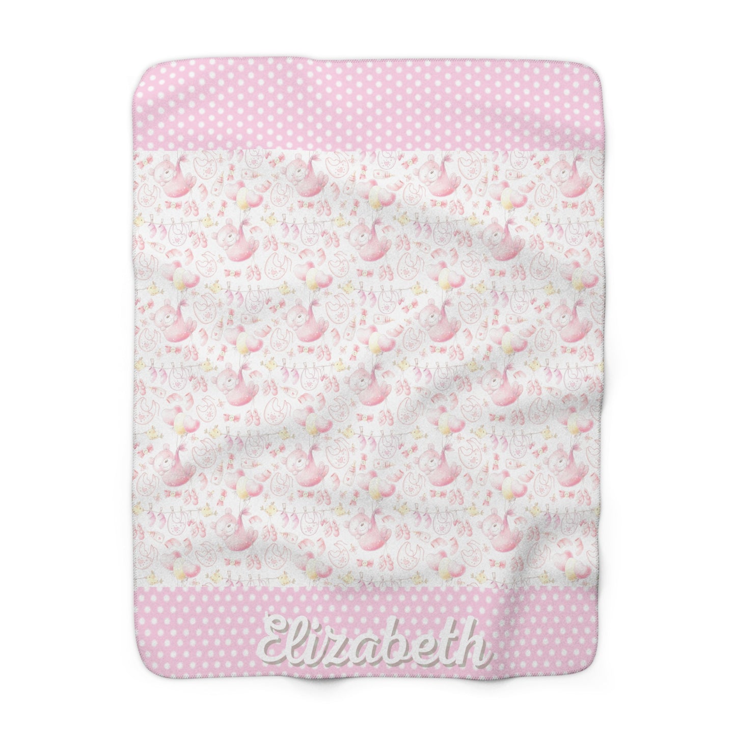 Little Girls Pink Blanket, Bears and Balloon's, White Backing, Polka Dot Trim, Personalized