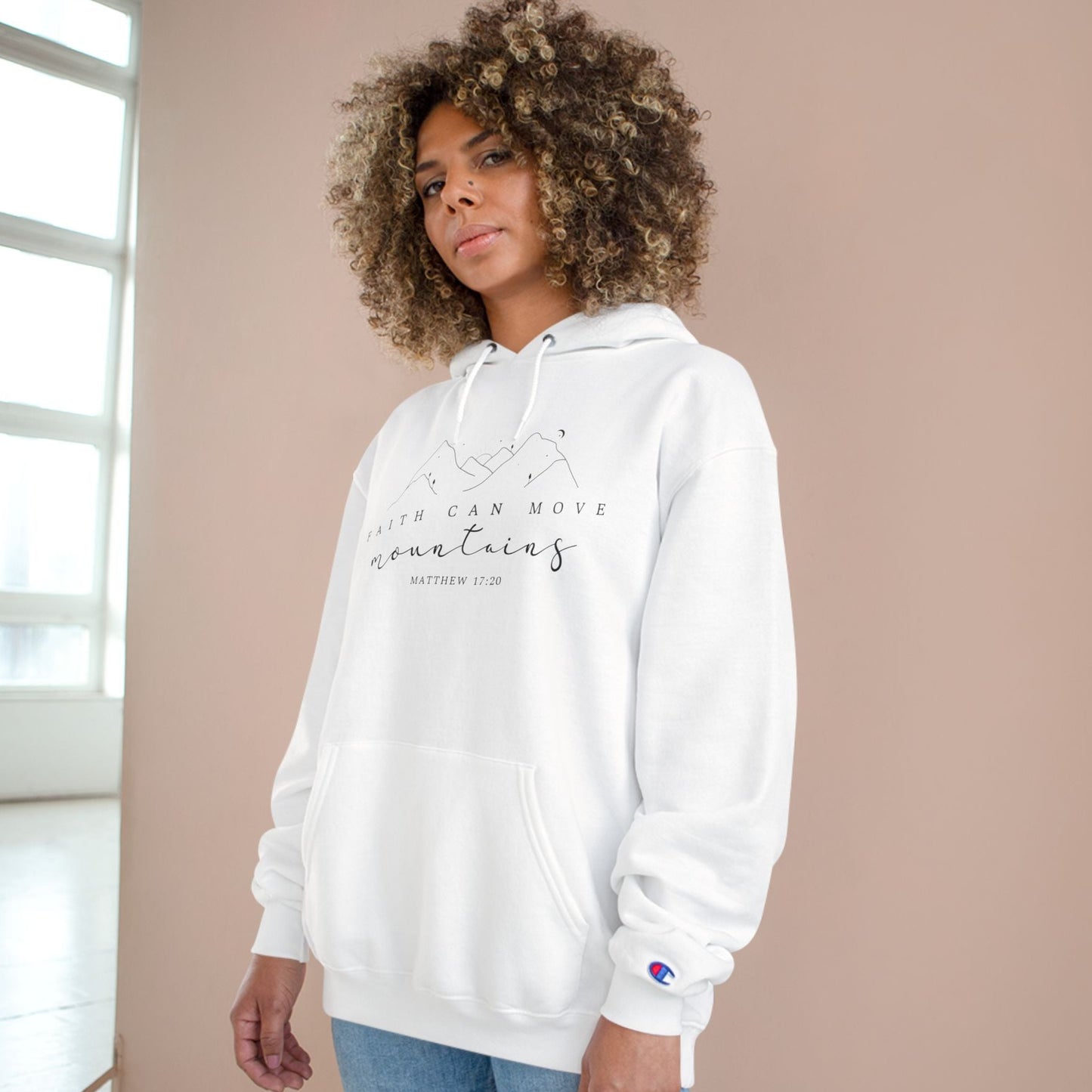 Faith Can Move Mountains Champion Pullover Hoodie -Printify