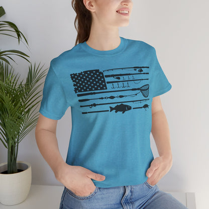 Fishing Gear American Flag T‑Shirt — Angler Rods & Lures Patriotic Tee