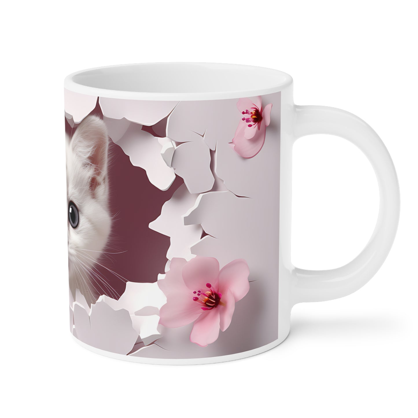 Cat Lover Coffee Cup- Cute Kitten Peeking Floral Ceramic Mug, Mauve (11/15/20oz)